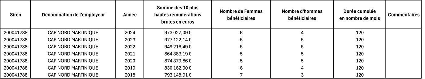 les 10 rémunérations les plus élevées de CAP Nord Martinique
